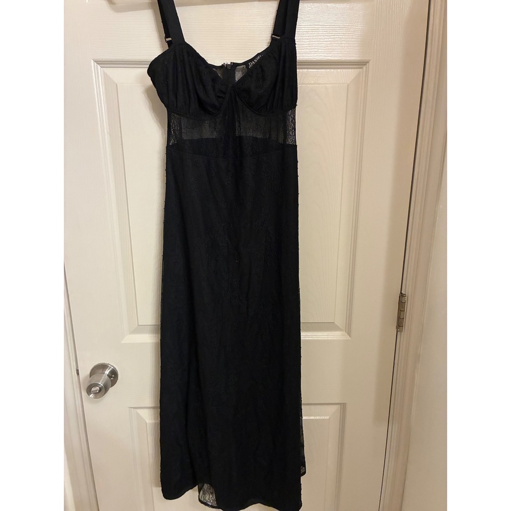 Danielle Bernstein Black Lace Bustier Midi Dress Sheer Mesh Waist Womens Medium
